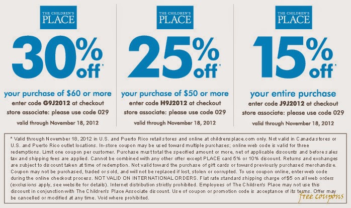Ways to Save at the Children's Place Browse for The Children's Place coupons valid through December below. Find the latest The Children's Place coupon codes, online promotional codes, and the overall best coupons posted by our team of experts to save you 15% off at The Children's Place. Our deal hunters continually update our pages with the most recent The Children's Place promo codes & coupons for , so check back often!
